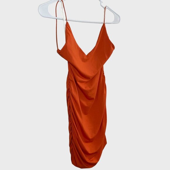 Princess Polly Ruched Bodycon Low-Back V-Neck Mini Dress Women's Size 2 Orange - Picture 3 of 12